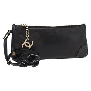CHANEL Camelia Clutch Bag Lamb Skin Black Silver CC Auth BA9202V
